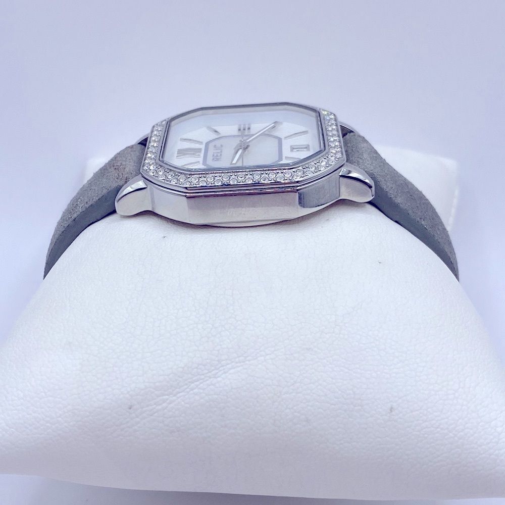 Working! Relic by Fossil Gray Metallic Leather Band Rhinestone Bezel Watch - Picture 3 of 11